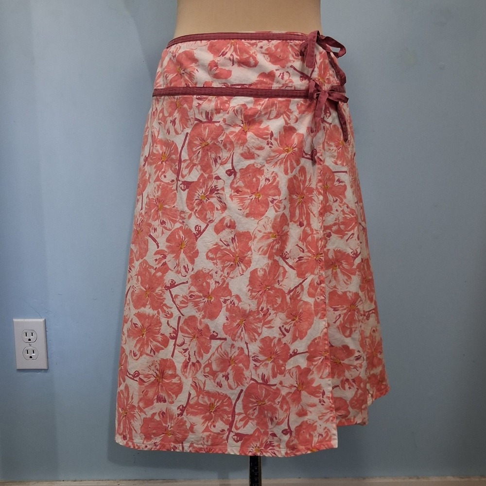 Elevenses Anthropologie Pink Floral Cotton Wrap Skirt Ribbon Trim Size 10